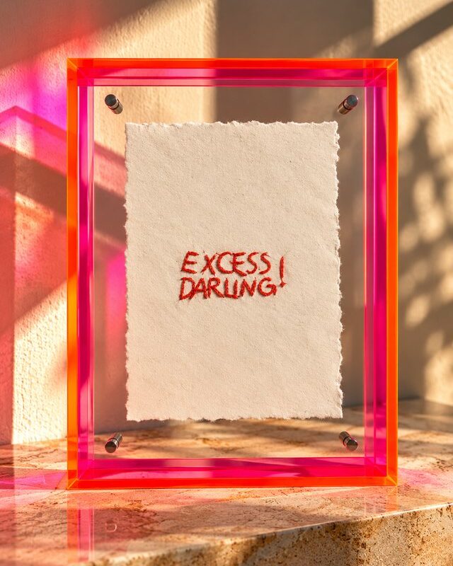 EXCESS DARLING – Handstickerei im Neon-Plexiglasrahmen